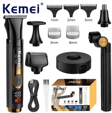 Kemei Grooming Kit ببطارية 600mAh وشحن USB، شاشة LED تعرض نسبة البطارية وسرعة التشغيل لتجربة حلاقة متكاملة.
