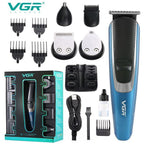 "ماكينة VGR الاحترافية مع رؤوس تبديل وقصاصات مختلفة لقص اللحية والشعر وتحديد الخطوط بدقة عالية."